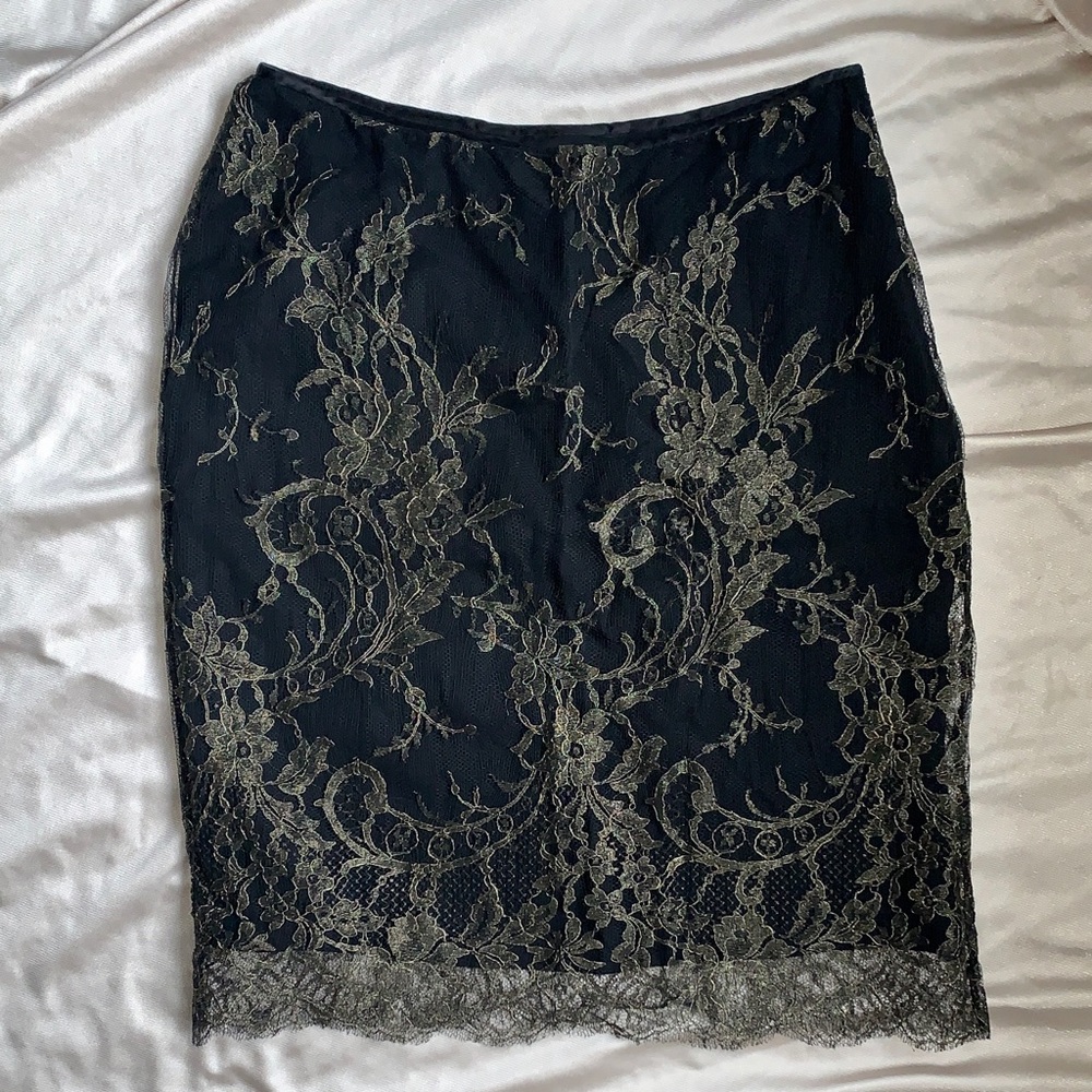 Vintage Black & Gold Floral Lace Skirt Size 8 | Linda Allard Ellen Tracy Skirt